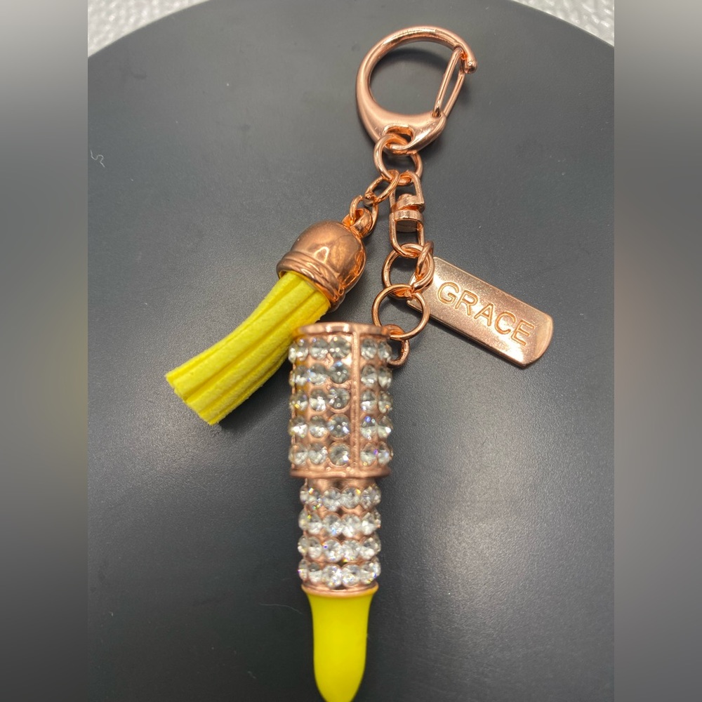 Rose gold tone keychain crystal lipstick with grace tag yellow